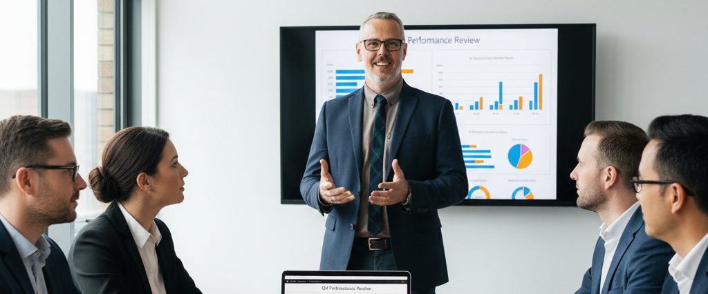 sales consultation with presenter discussing crm data charts and sales process